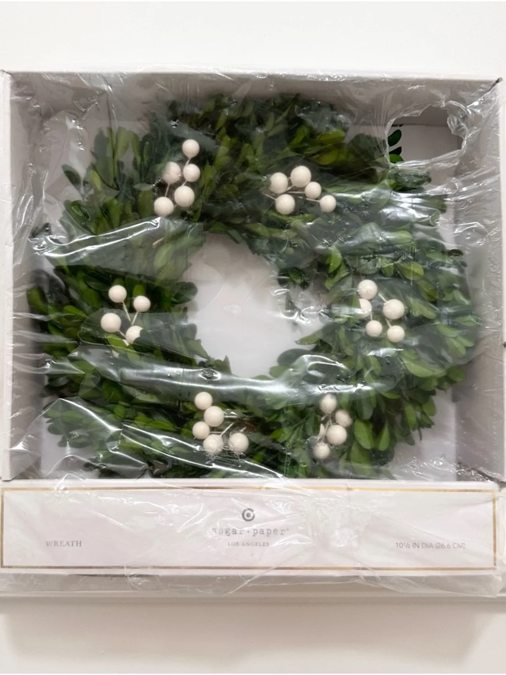 Sugar Paper Faux Boxwood Wreath with White Berry Accents - Green Foliage 10.5 In